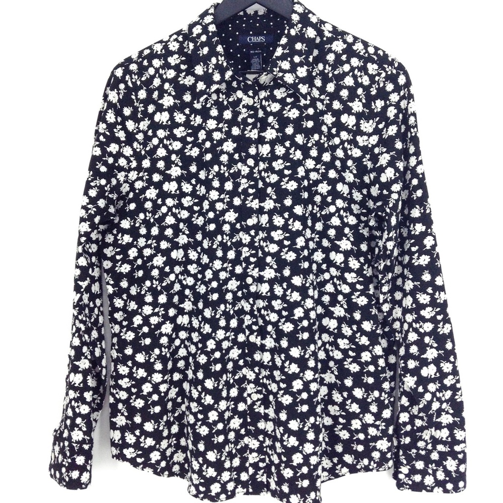 NWT CHAPS No Iron Black White Floral Long Sleeve Shirt With Contrast Sleeves